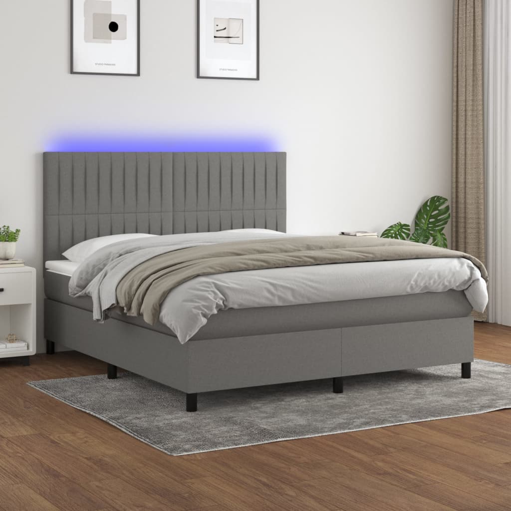 Pat cu arcuri, saltea și LED, gri închis, 160x200 cm, textil GartenMobel Dekor