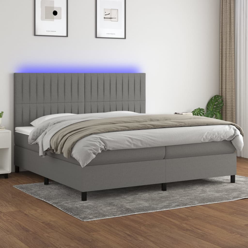 Pat cu arcuri, saltea și LED, gri închis, 200x200 cm, textil GartenMobel Dekor