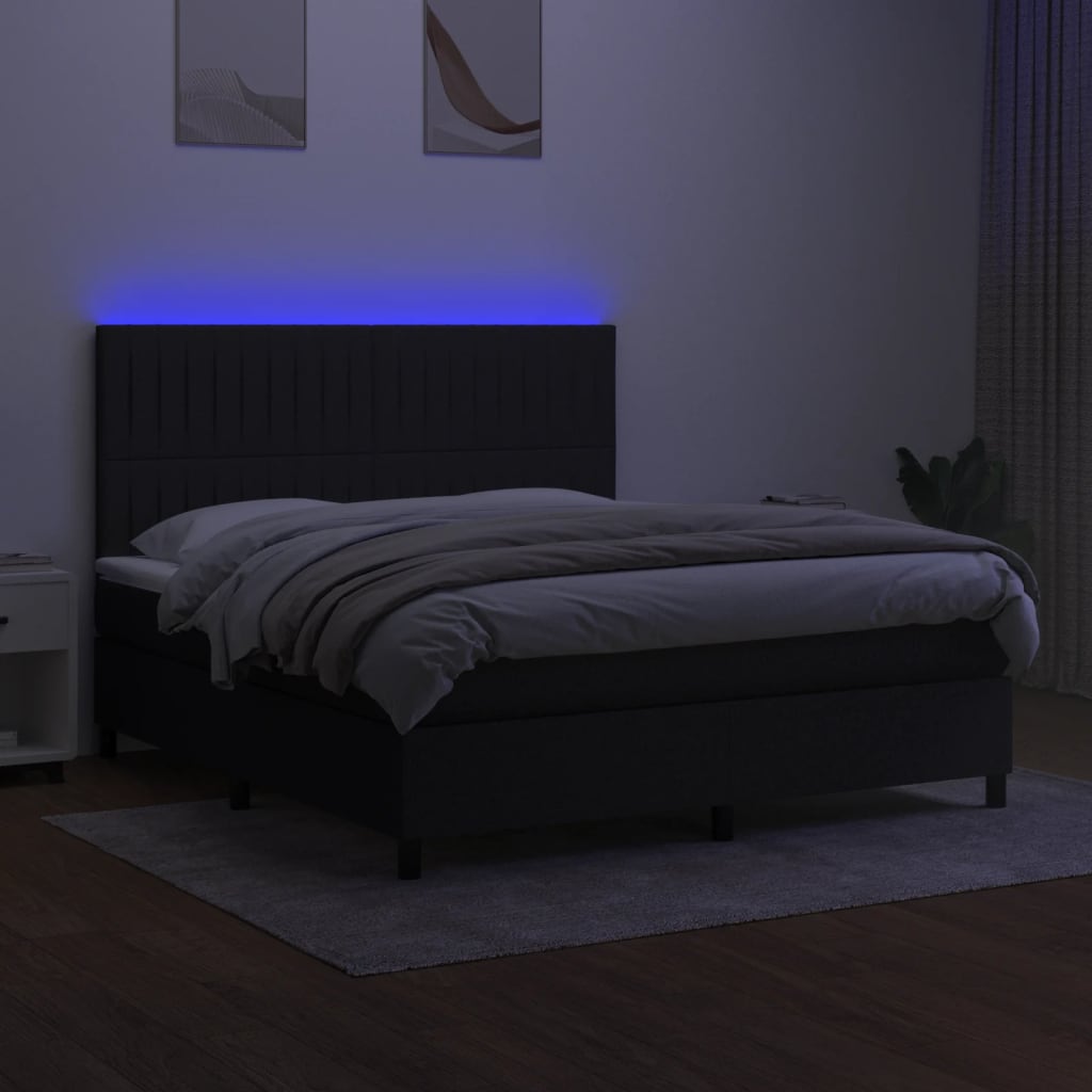 Pat cu arcuri, saltea și LED, negru, 160x200 cm, textil GartenMobel Dekor