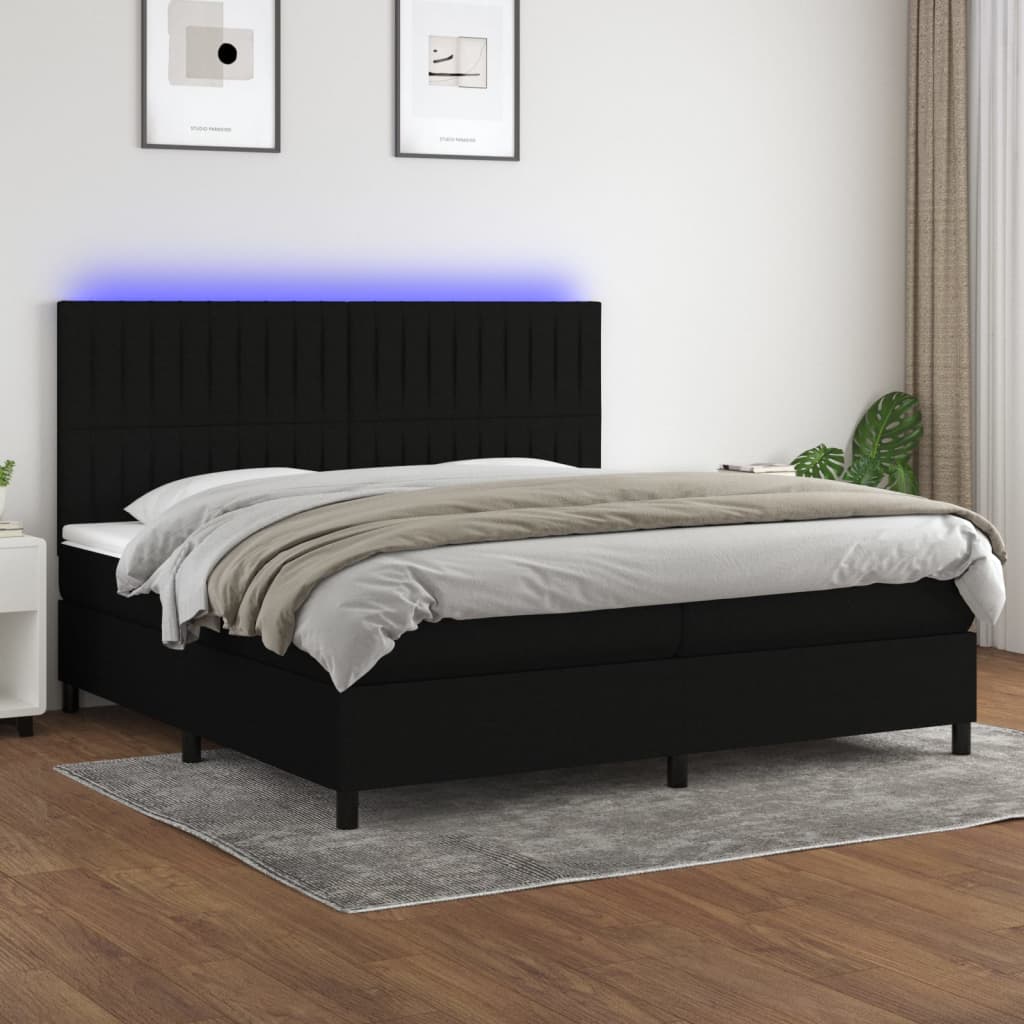 Pat cu arcuri, saltea și LED, negru, 200x200 cm, textil GartenMobel Dekor