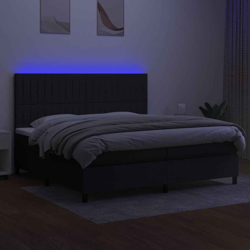 Pat cu arcuri, saltea și LED, negru, 200x200 cm, textil GartenMobel Dekor