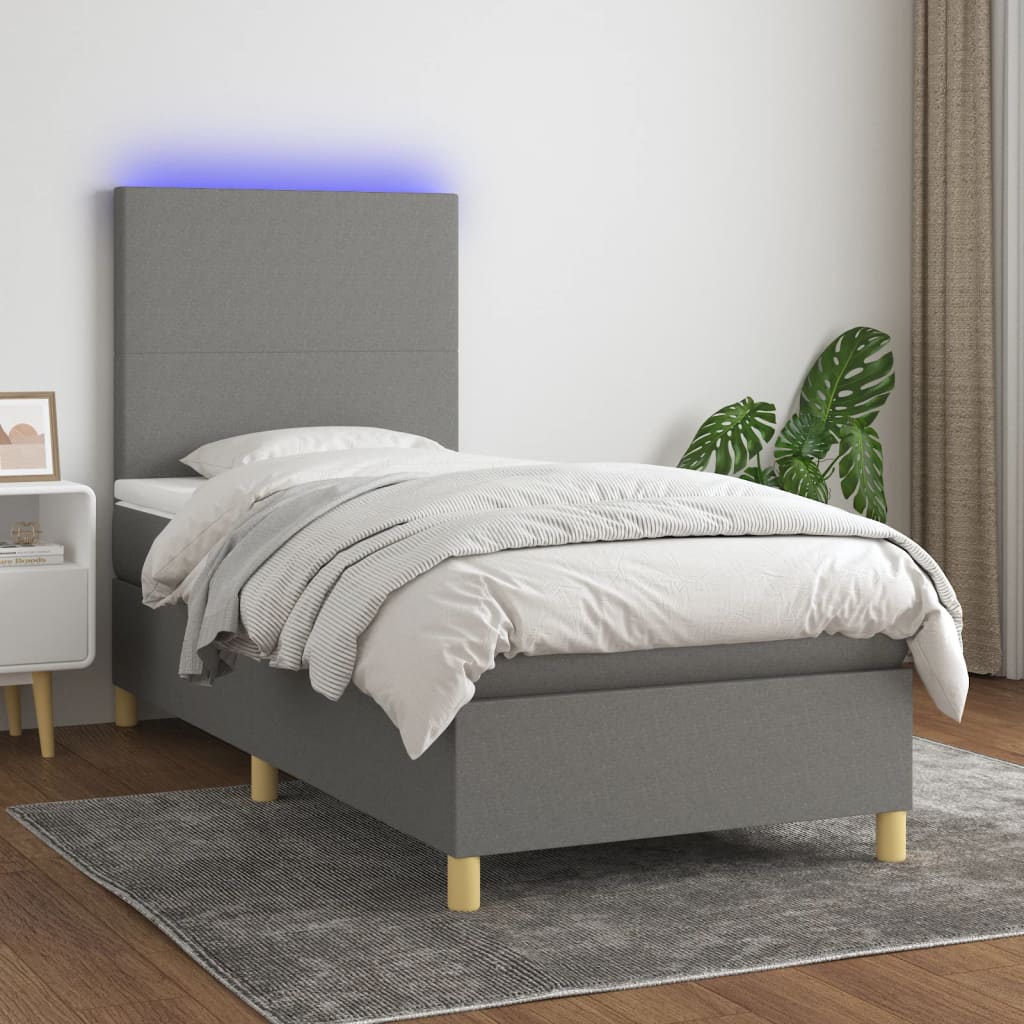 Pat cu arcuri, saltea și LED, gri închis, 100x200 cm, textil GartenMobel Dekor