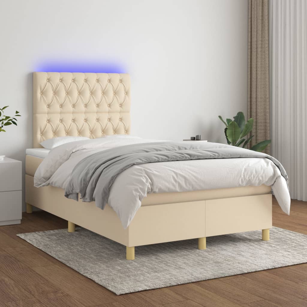 Pat cu arcuri, saltea și LED, crem, 120x200 cm, textil GartenMobel Dekor