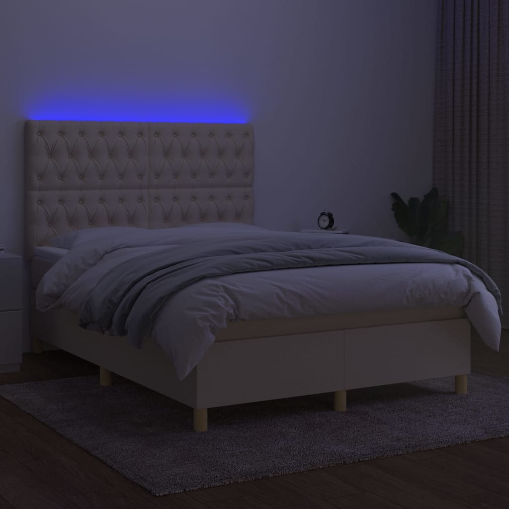 Pat cu arcuri, saltea și LED, crem, 140x200 cm, textil GartenMobel Dekor