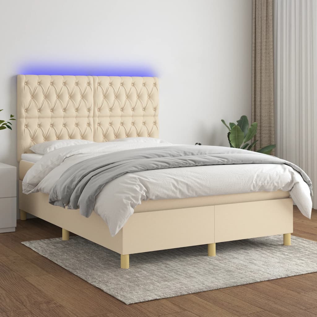 Pat cu arcuri, saltea și LED, crem, 140x200 cm, textil GartenMobel Dekor
