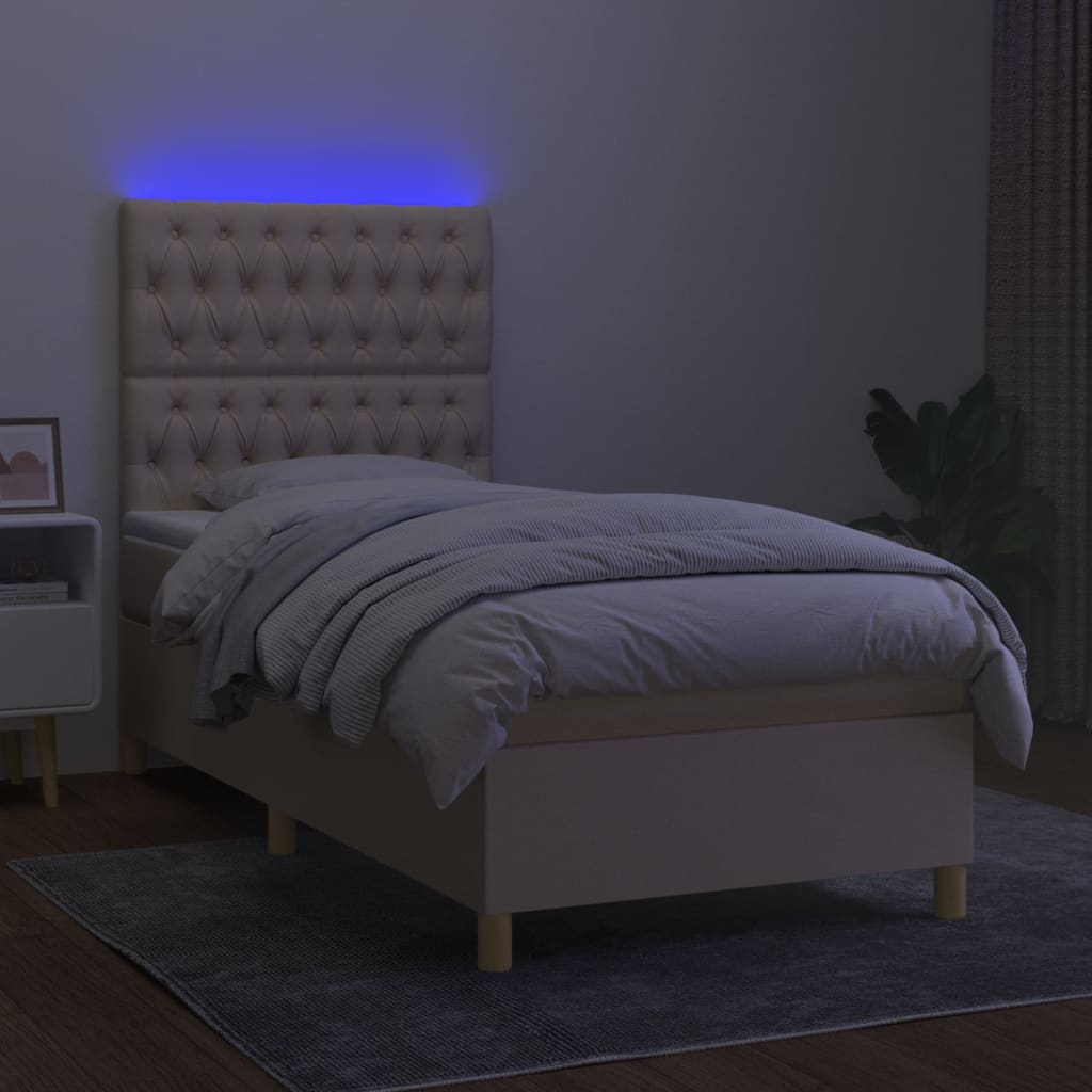 Pat cu arcuri, saltea și LED, crem, 90x190 cm, textil GartenMobel Dekor