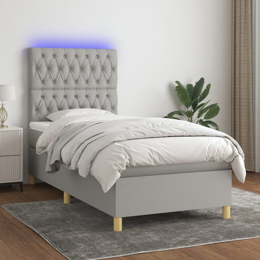 Pat cu arcuri, saltea și LED, gri deschis, 100x200 cm, textil GartenMobel Dekor