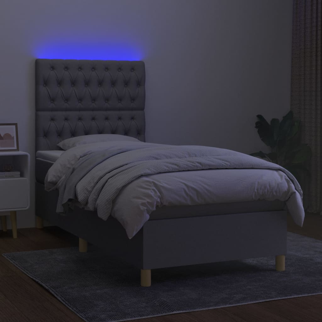 Pat cu arcuri, saltea și LED, gri deschis, 100x200 cm, textil GartenMobel Dekor