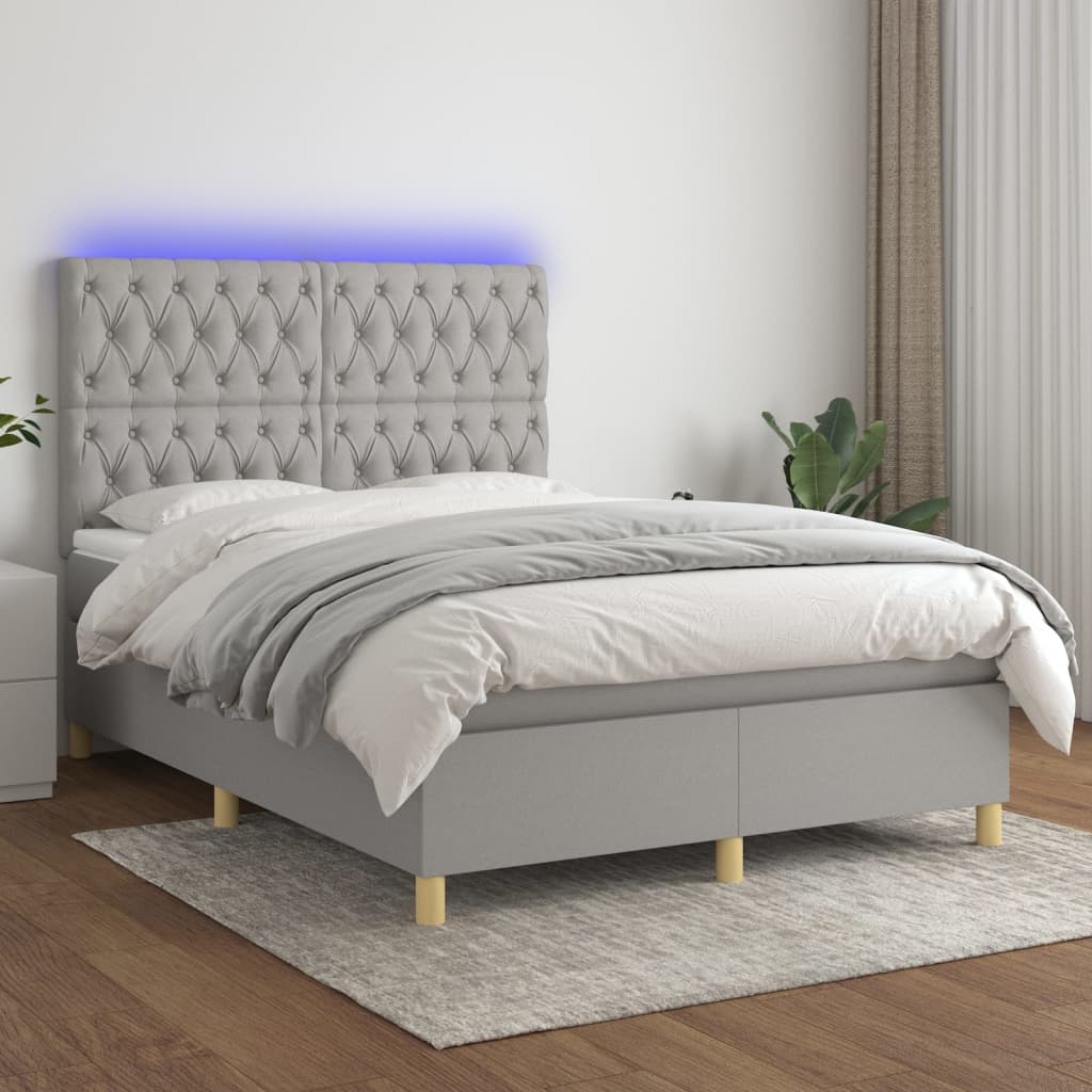 Pat cu arcuri, saltea și LED, gri deschis, 140x200 cm, textil GartenMobel Dekor