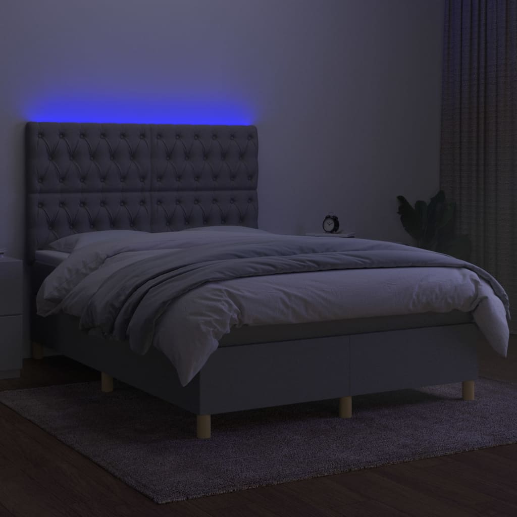 Pat cu arcuri, saltea și LED, gri deschis, 140x200 cm, textil GartenMobel Dekor
