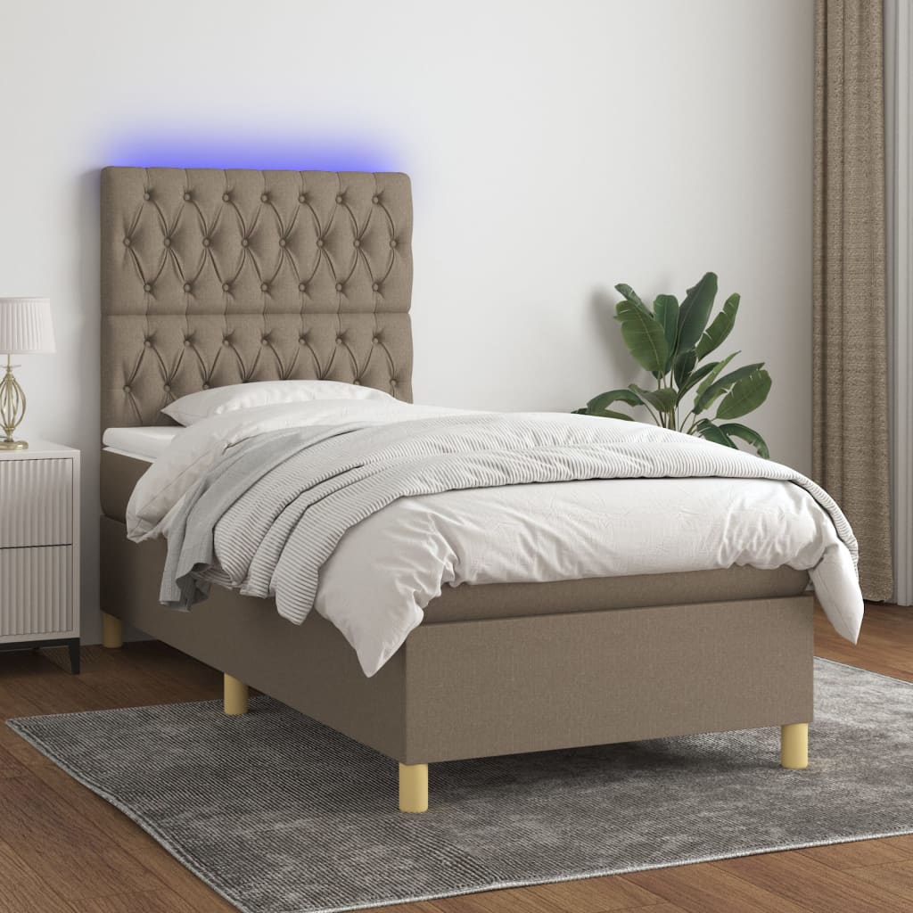 Pat cu arcuri, saltea și LED, gri taupe, 90x200 cm, textil GartenMobel Dekor