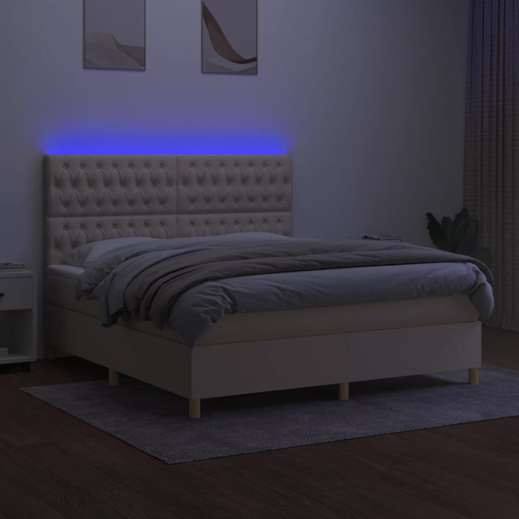 Pat cu arcuri, saltea și LED, crem, 180x200 cm, textil GartenMobel Dekor
