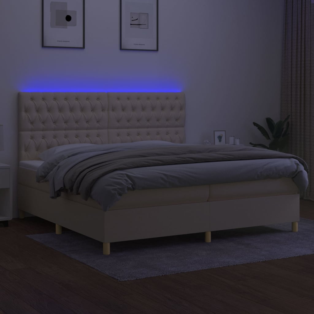 Pat cu arcuri, saltea și LED, crem, 200x200 cm, textil GartenMobel Dekor