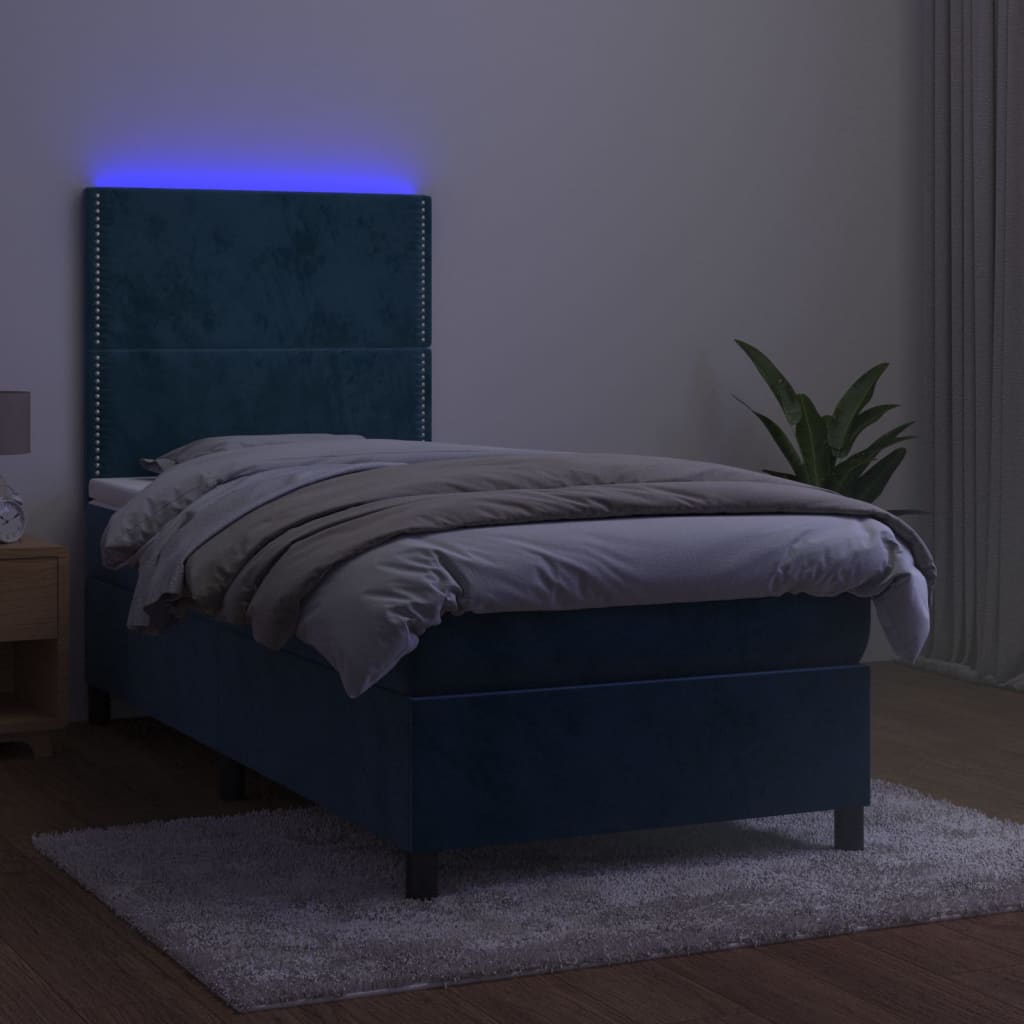 Pat cu arcuri, saltea și LED, bleumarin, 90x200 cm, catifea GartenMobel Dekor