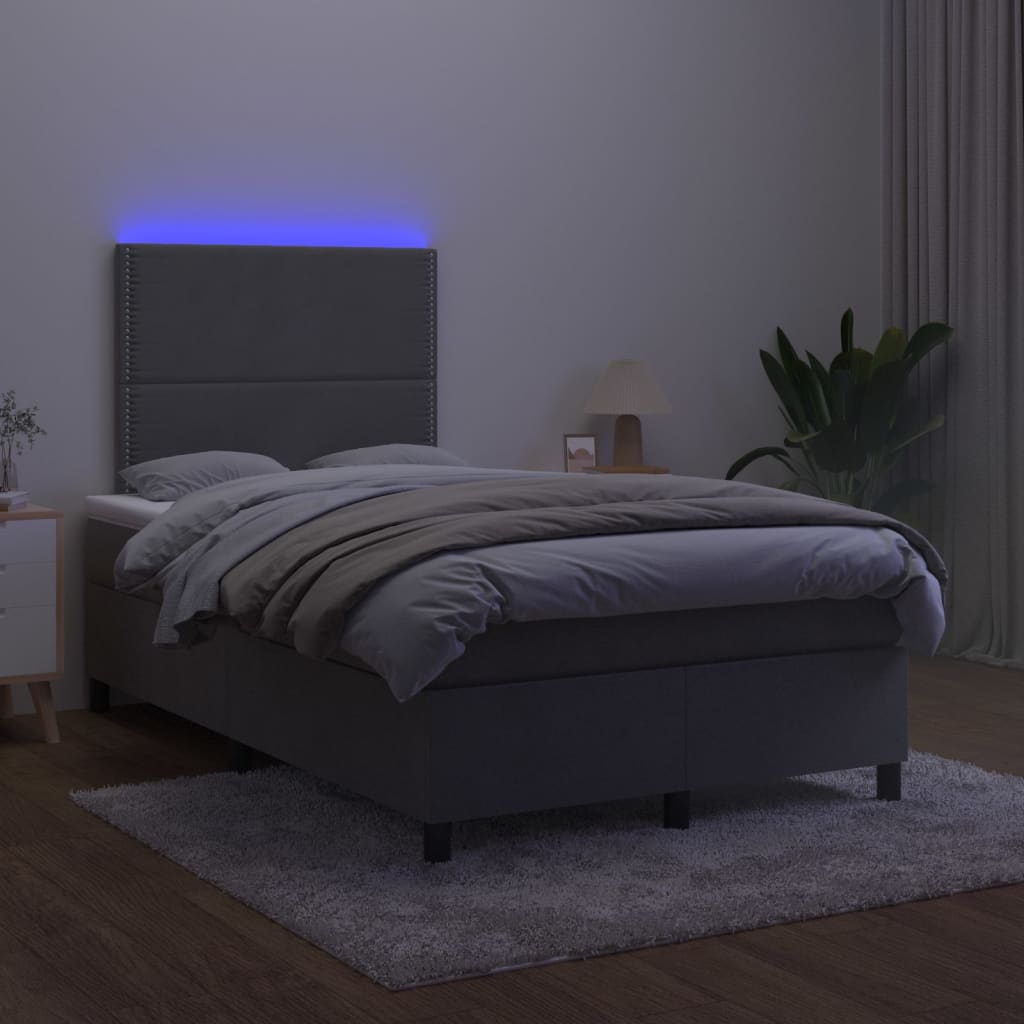 Pat cu arcuri, saltea și LED, gri închis, 120x200 cm, catifea GartenMobel Dekor