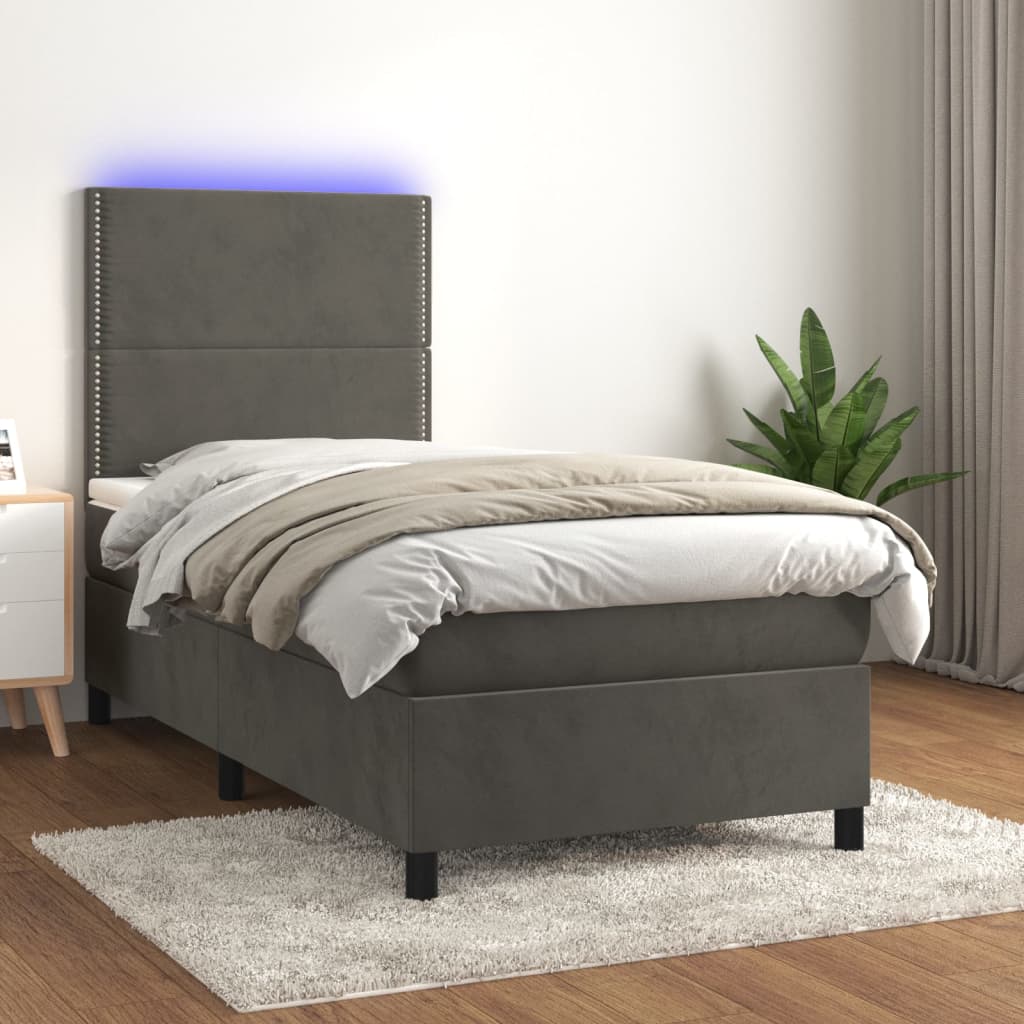 Pat cu arcuri, saltea și LED, gri închis, 90x200 cm, catifea GartenMobel Dekor