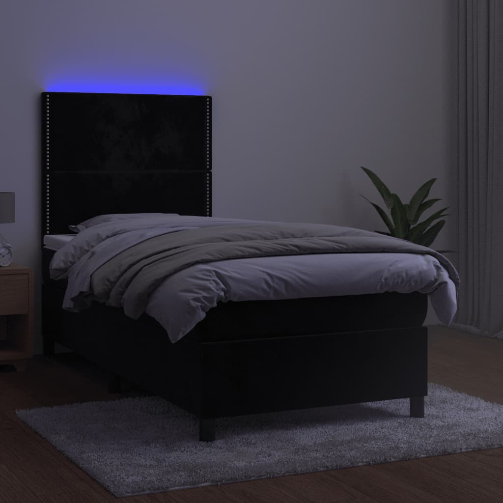 Pat cu arcuri, saltea și LED, negru, 100x200 cm, catifea GartenMobel Dekor