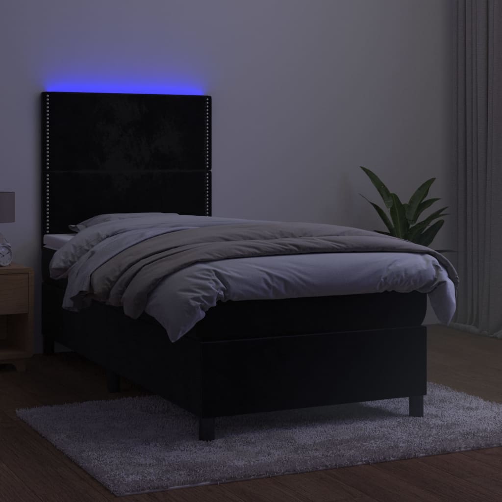 Pat cu arcuri, saltea și LED, negru, 90x190 cm, catifea GartenMobel Dekor