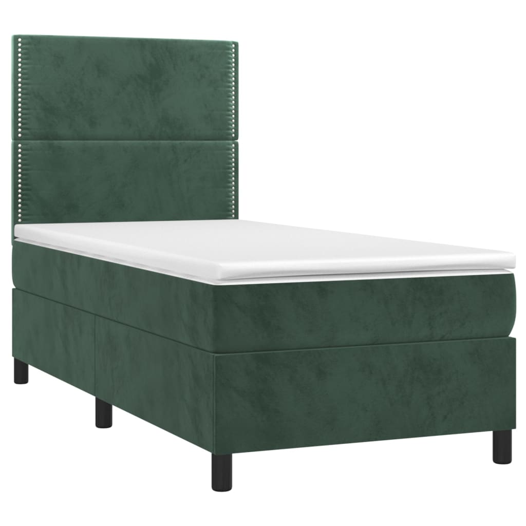 Pat cu arcuri, saltea și LED, verde închis, 90x190 cm, catifea GartenMobel Dekor