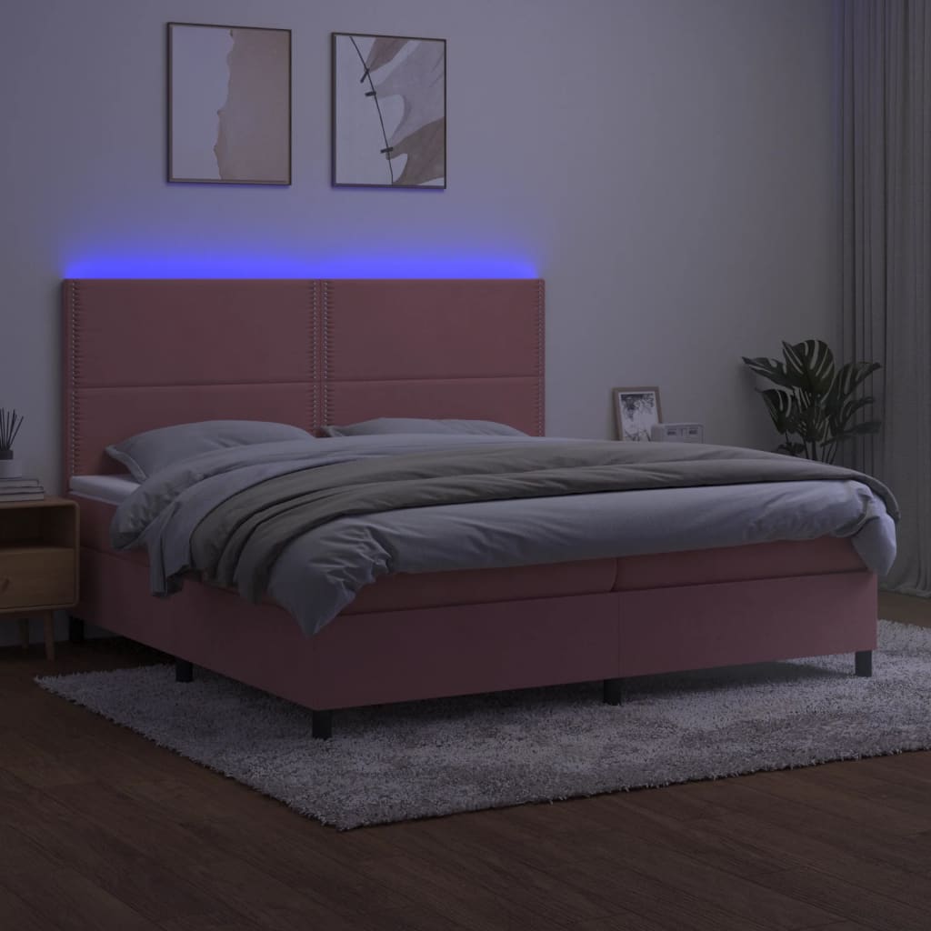 Pat continental cu saltea & LED, roz, 200x200 cm, catifea GartenMobel Dekor
