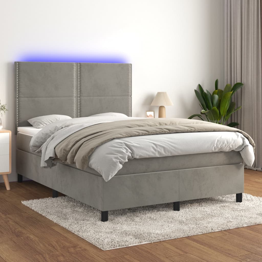 Pat continental cu saltea și LED gri deschis 140x190 cm catifea GartenMobel Dekor