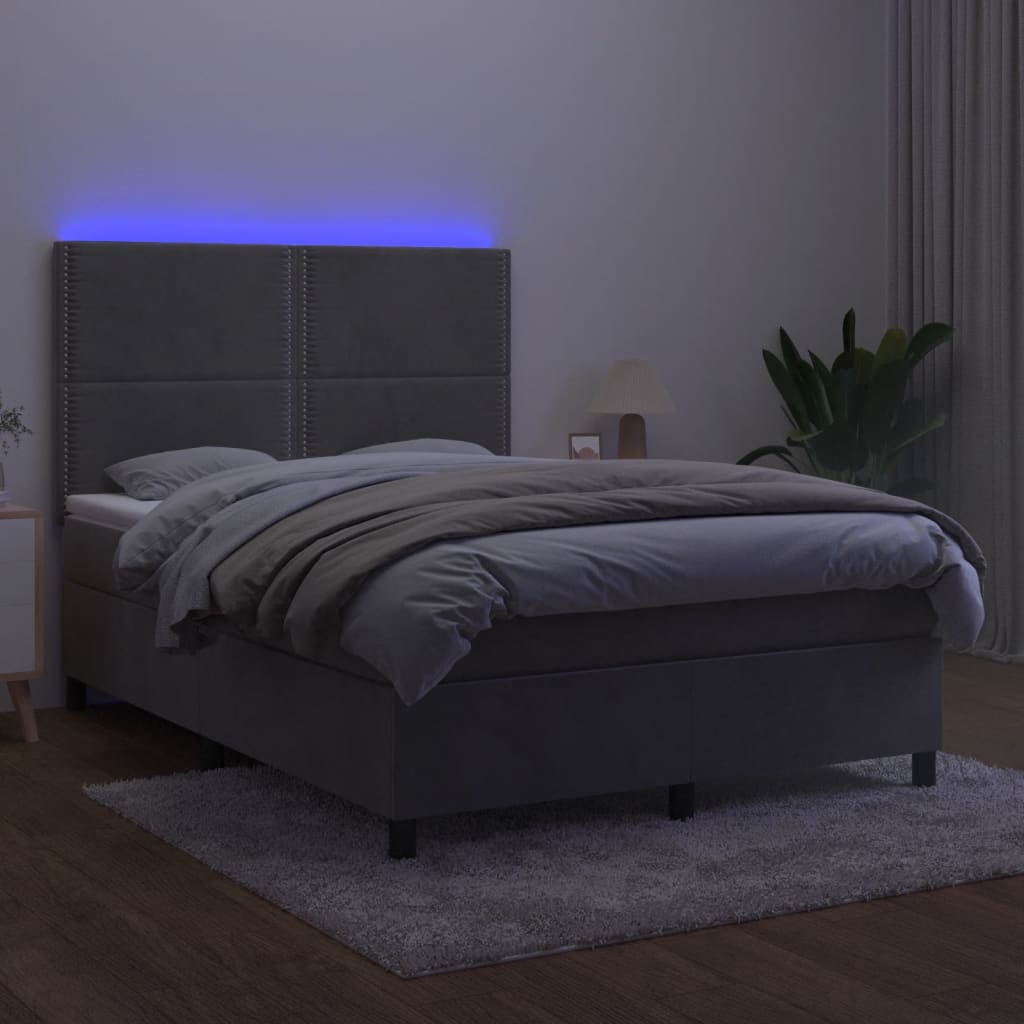 Pat continental cu saltea și LED gri deschis 140x190 cm catifea GartenMobel Dekor