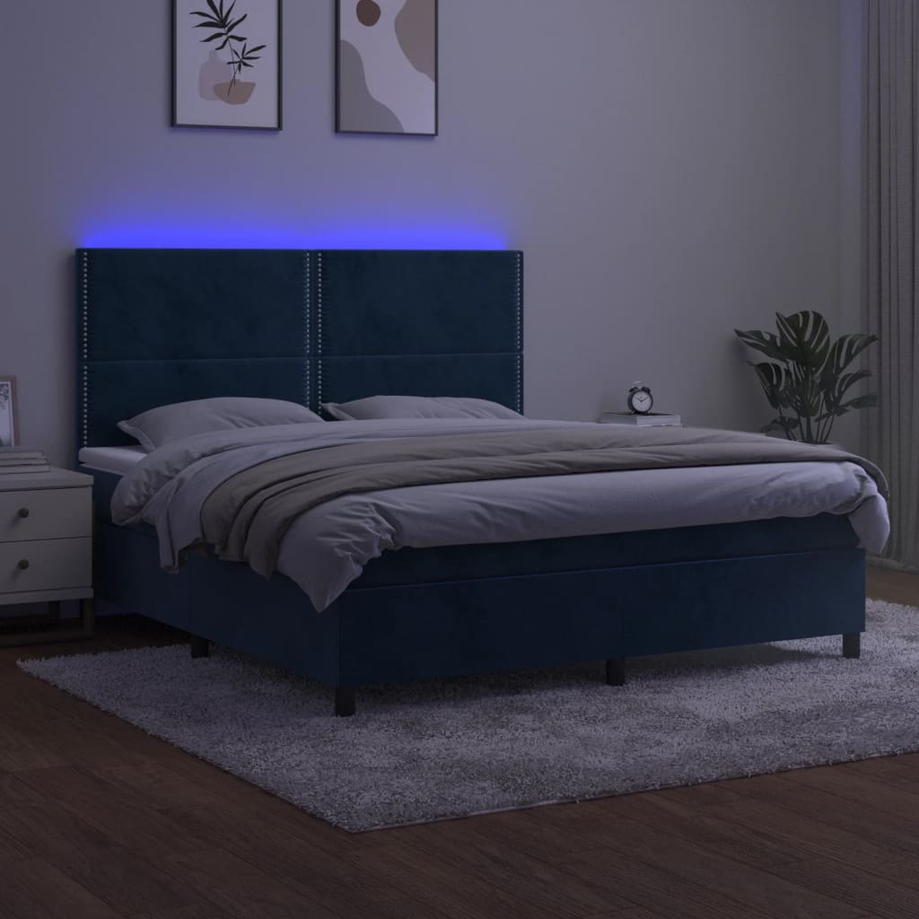Pat cu arcuri, saltea și LED, bleumarin, 160x200 cm, catifea GartenMobel Dekor