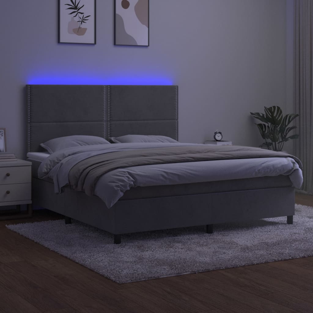 Pat cu arcuri, saltea și LED, gri deschis, 160x200 cm, catifea GartenMobel Dekor