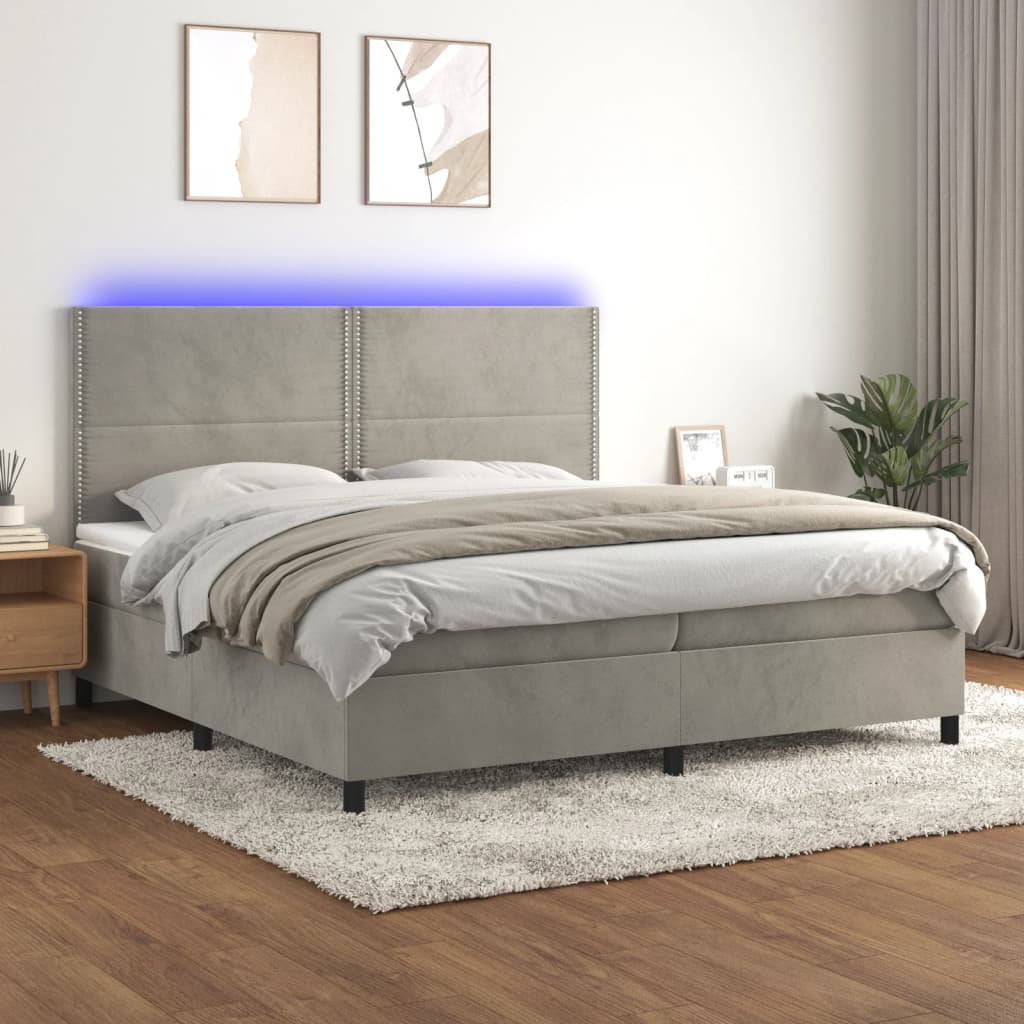 Pat cu arcuri, saltea și LED, gri deschis, 200x200 cm, catifea GartenMobel Dekor