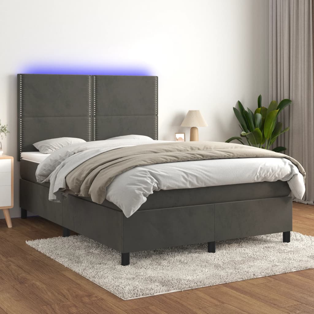 Pat cu arcuri, saltea și LED, gri închis, 140x200 cm, catifea GartenMobel Dekor