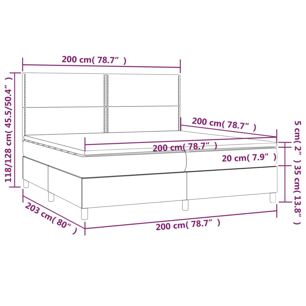 Pat cu arcuri, saltea și LED, gri închis, 200x200 cm, catifea GartenMobel Dekor
