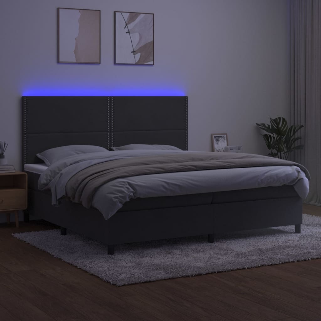 Pat cu arcuri, saltea și LED, gri închis, 200x200 cm, catifea GartenMobel Dekor