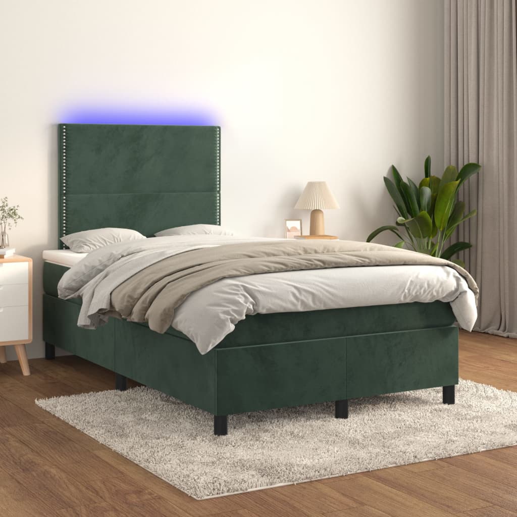 Pat cu arcuri, saltea și LED, verde închis, 120x200 cm, catifea GartenMobel Dekor