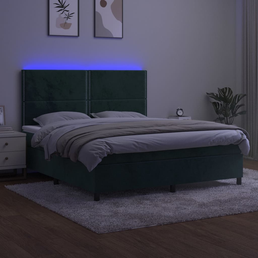 Pat cu arcuri, saltea și LED, verde închis, 180x200 cm, catifea GartenMobel Dekor