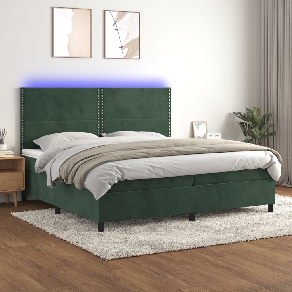 Pat cu arcuri, saltea și LED, verde închis, 200x200 cm, catifea GartenMobel Dekor