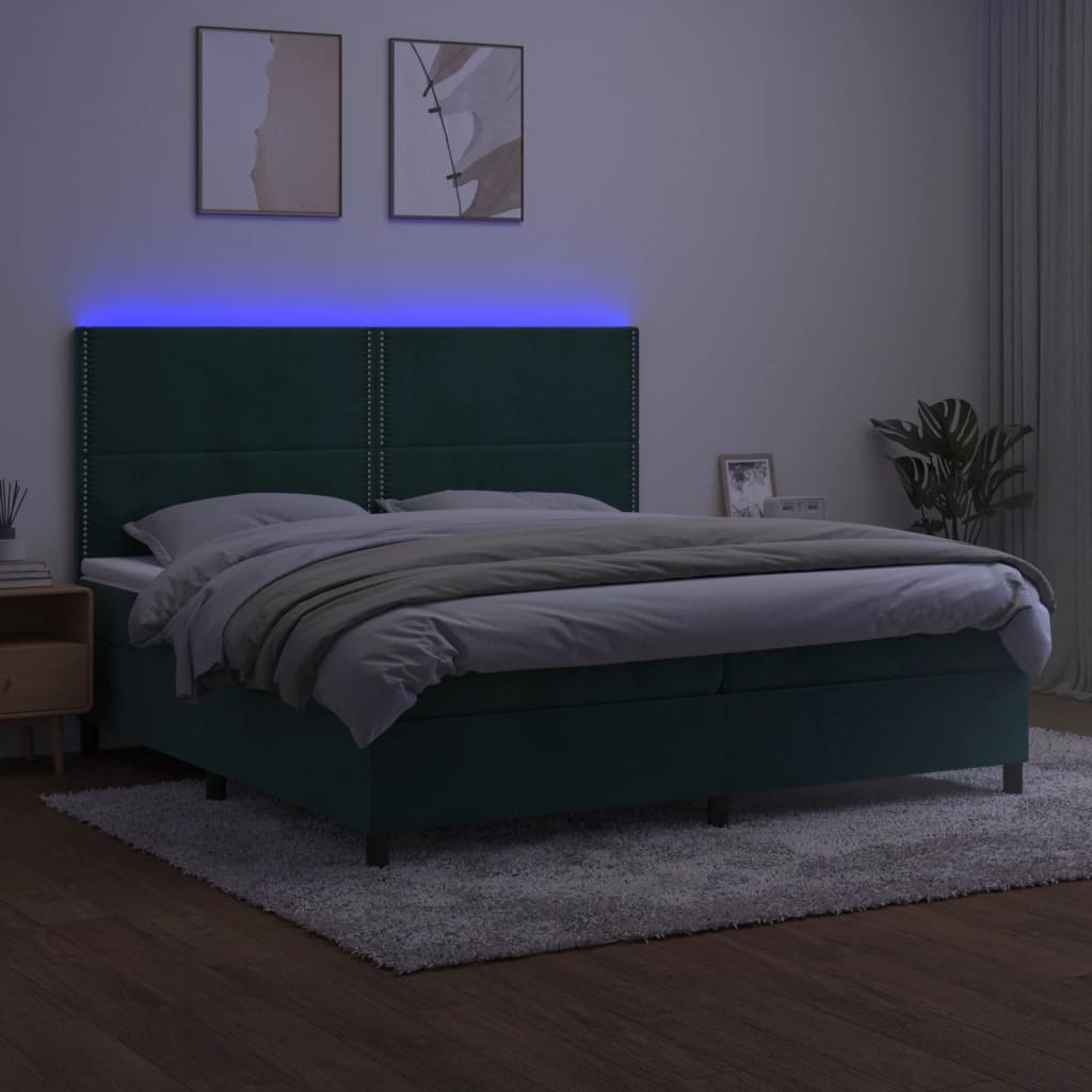 Pat cu arcuri, saltea și LED, verde închis, 200x200 cm, catifea GartenMobel Dekor