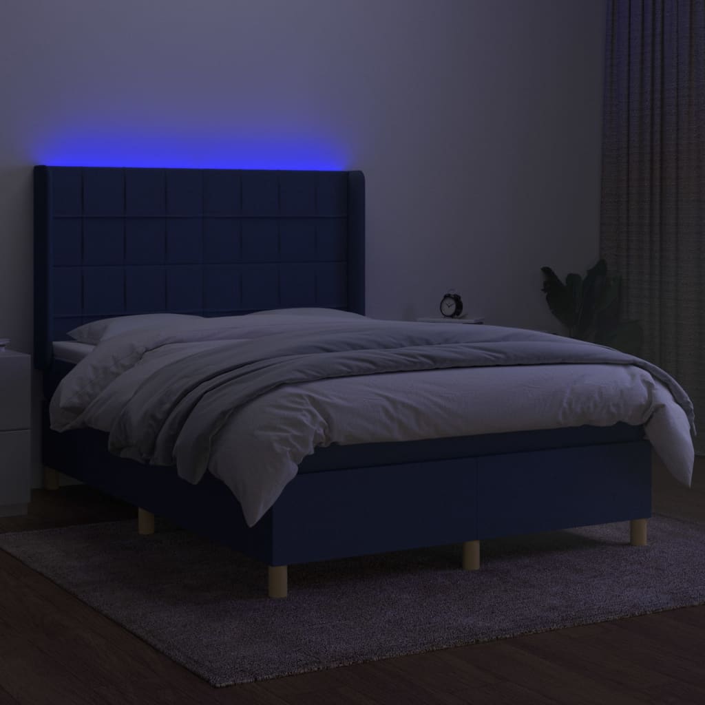 Pat cu arcuri, saltea și LED, albastru, 140x190 cm, textil GartenMobel Dekor