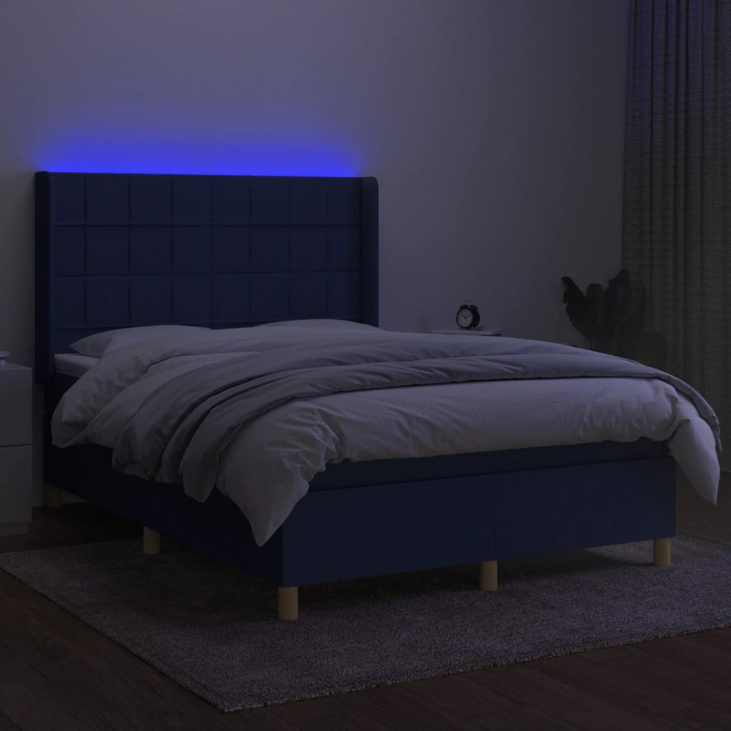 Pat cu arcuri, saltea și LED, albastru, 140x200 cm, textil GartenMobel Dekor