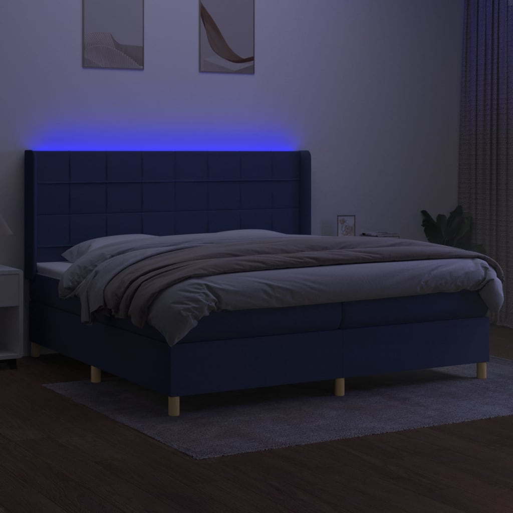 Pat cu arcuri, saltea și LED, albastru, 200x200 cm, textil GartenMobel Dekor