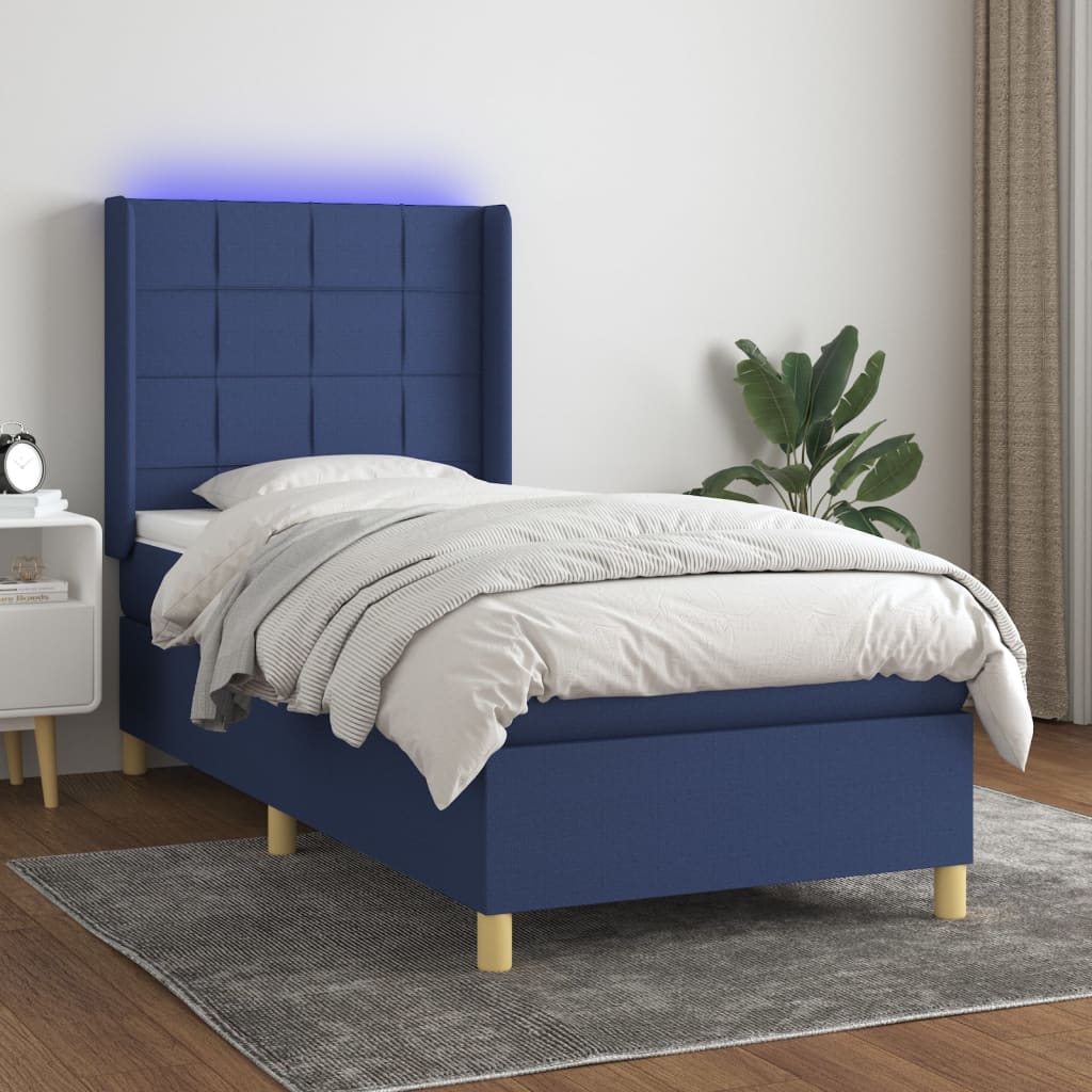 Pat cu arcuri, saltea și LED, albastru, 80x200 cm, textil GartenMobel Dekor