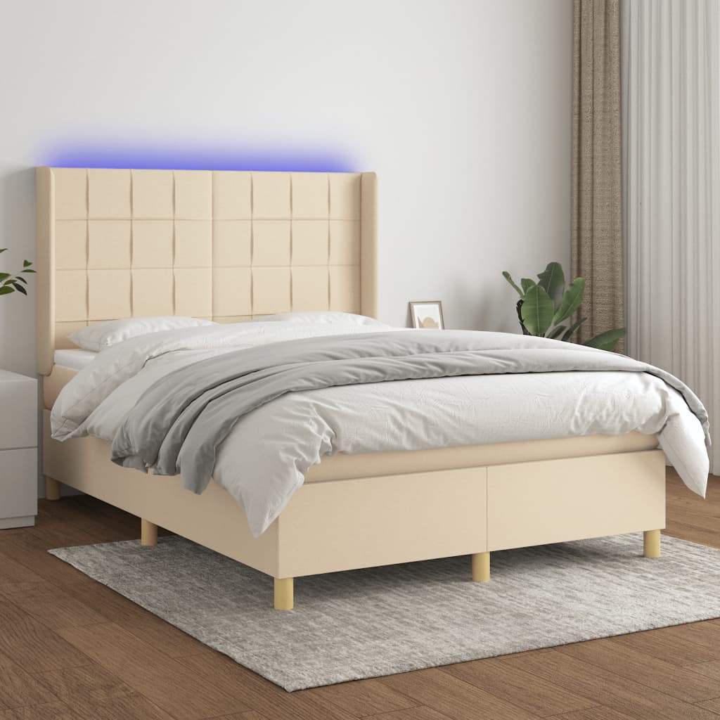 Pat cu arcuri, saltea și LED, crem, 140x190 cm, textil GartenMobel Dekor