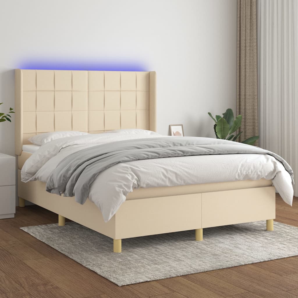 Pat cu arcuri, saltea și LED, crem, 140x200 cm, textil GartenMobel Dekor