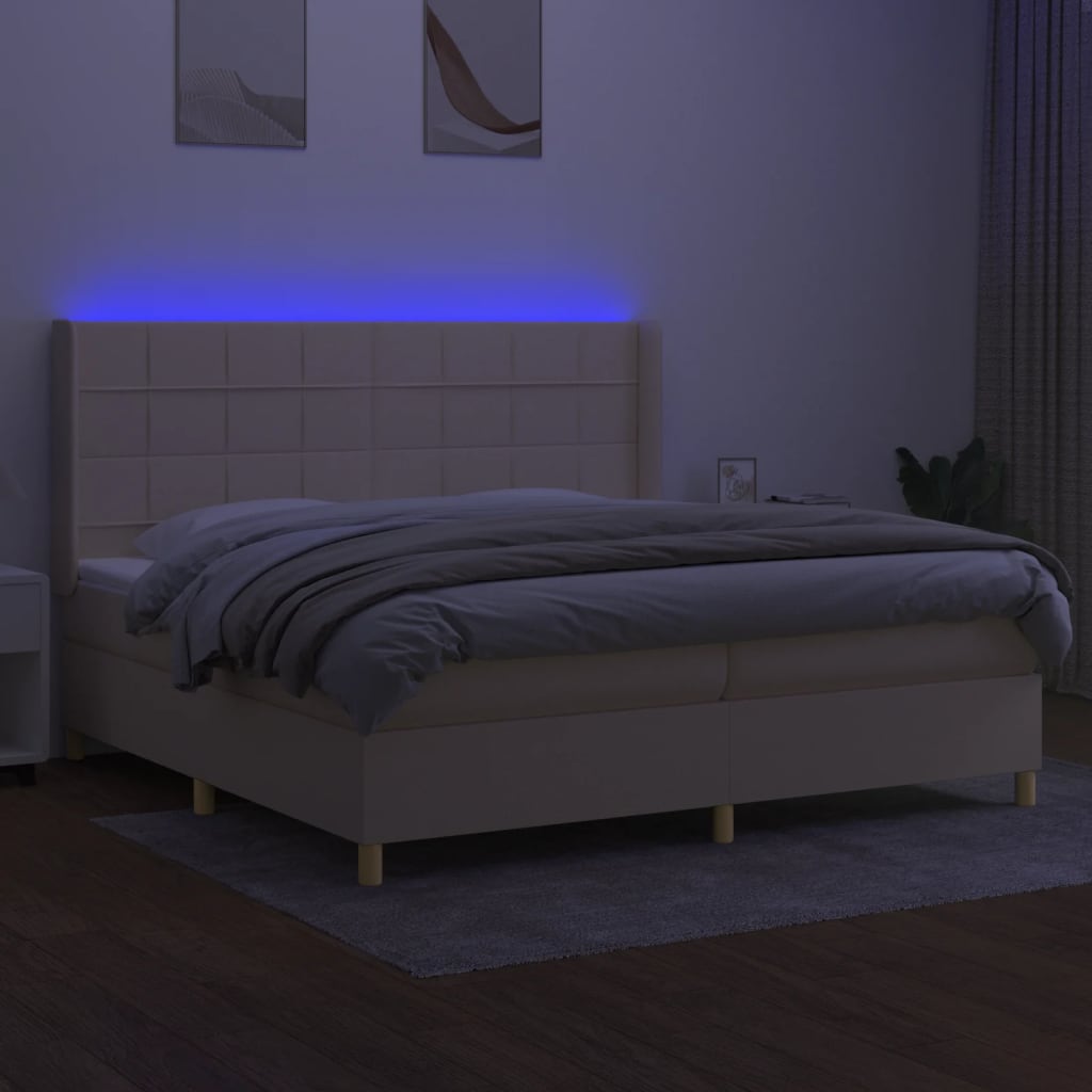 Pat cu arcuri, saltea și LED, crem, 200x200 cm, textil GartenMobel Dekor