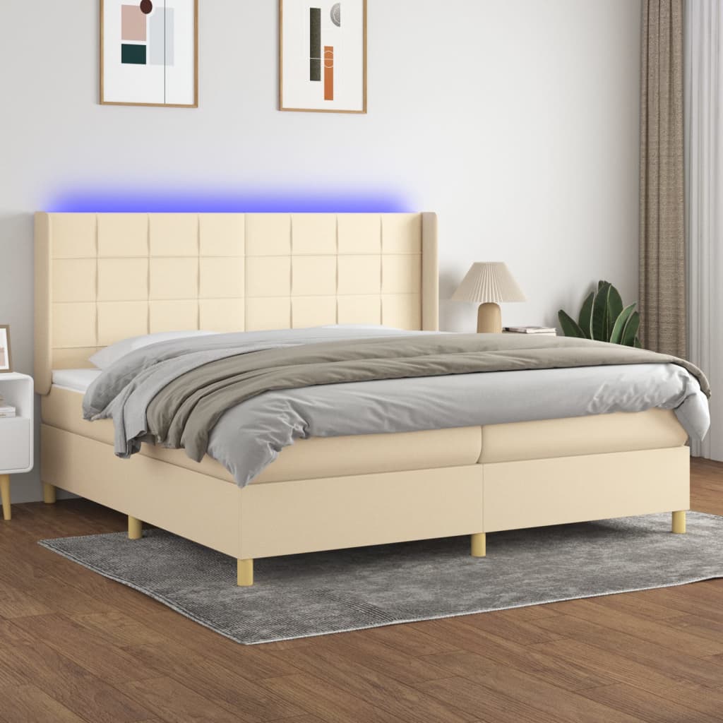 Pat cu arcuri, saltea și LED, crem, 200x200 cm, textil GartenMobel Dekor