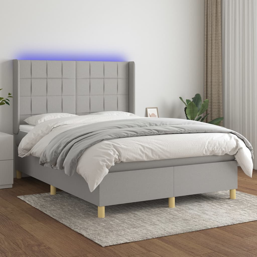 Pat cu arcuri, saltea și LED, gri deschis, 140x190 cm, textil GartenMobel Dekor