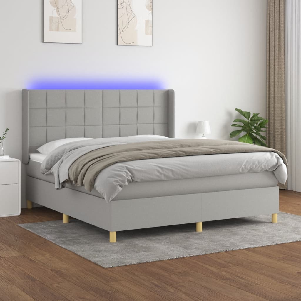 Pat cu arcuri, saltea și LED, gri deschis, 160x200 cm, textil GartenMobel Dekor