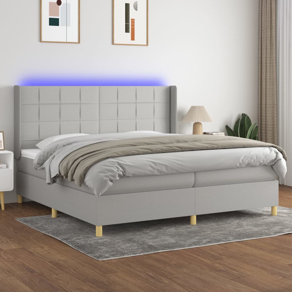 Pat cu arcuri, saltea și LED, gri deschis, 200x200 cm, textil GartenMobel Dekor