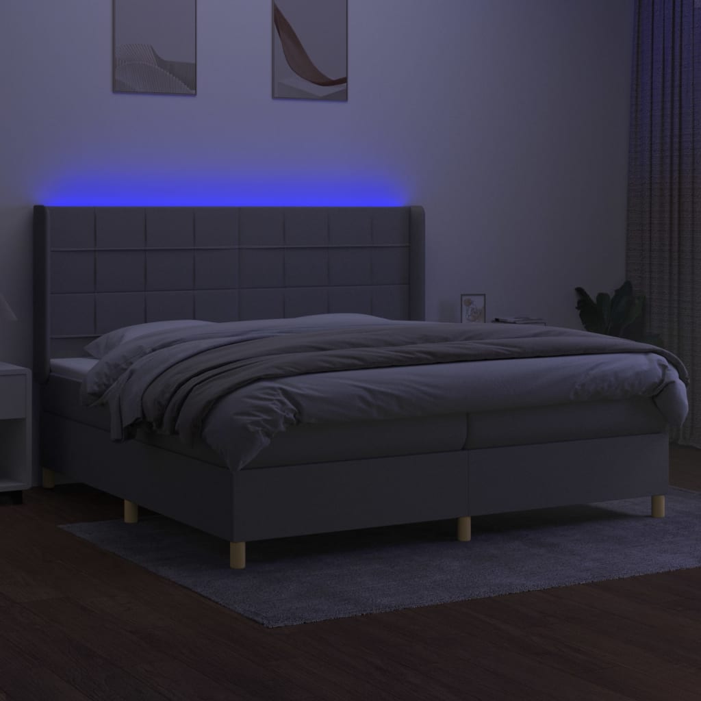 Pat cu arcuri, saltea și LED, gri deschis, 200x200 cm, textil GartenMobel Dekor