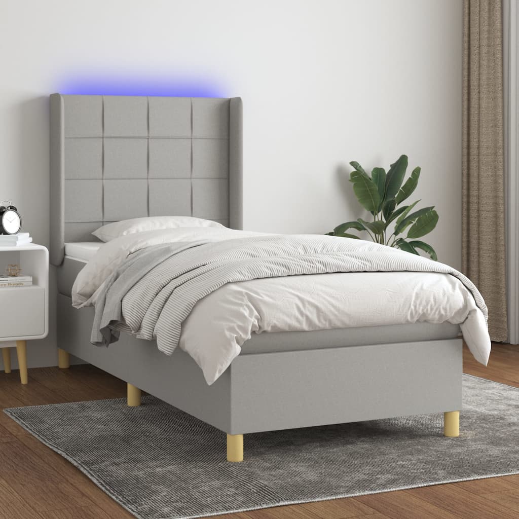 Pat cu arcuri, saltea și LED, gri deschis, 90x190 cm, textil GartenMobel Dekor