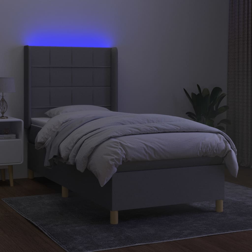 Pat cu arcuri, saltea și LED, gri deschis, 90x200 cm, textil GartenMobel Dekor